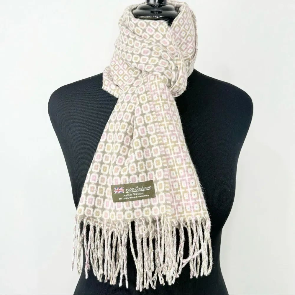 Scottish 100% Cashmere Geometric Pattern Pastel Green Pink Fringed Neck Scarf